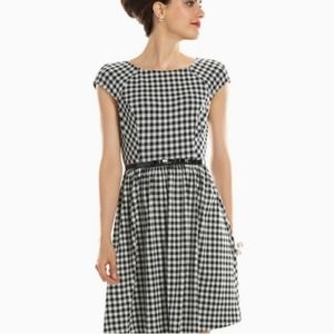Elle Black White Plaid Gingham 1950s Fit Flare Checkered Cap Sleeve Retro Dress